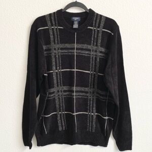 Dockers Men's Black Plaid Chenille Crewneck Pullover Sweater